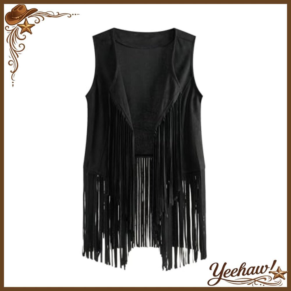 Small Western Fringe Vest Suede Tassel Top Loose Fit Polyester - Picture 2 of 3